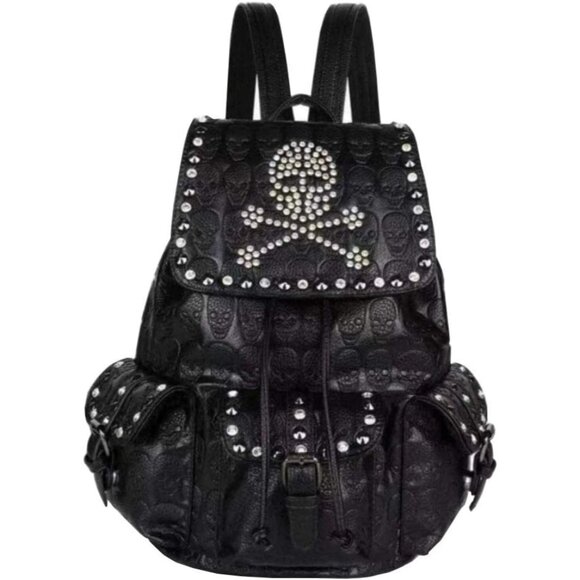 Women Black Faux Leather Skull Rhinestones Rucksack Daypack with Multi-Pockets a main image 6